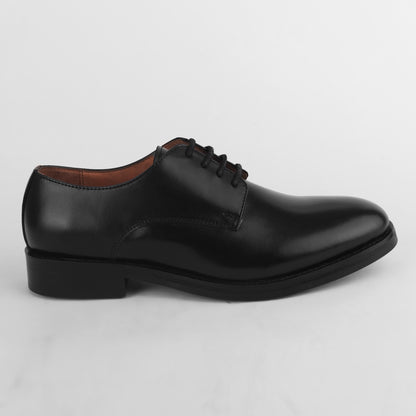 Side view of black leather Blucher Stud Series shoe showing overall design