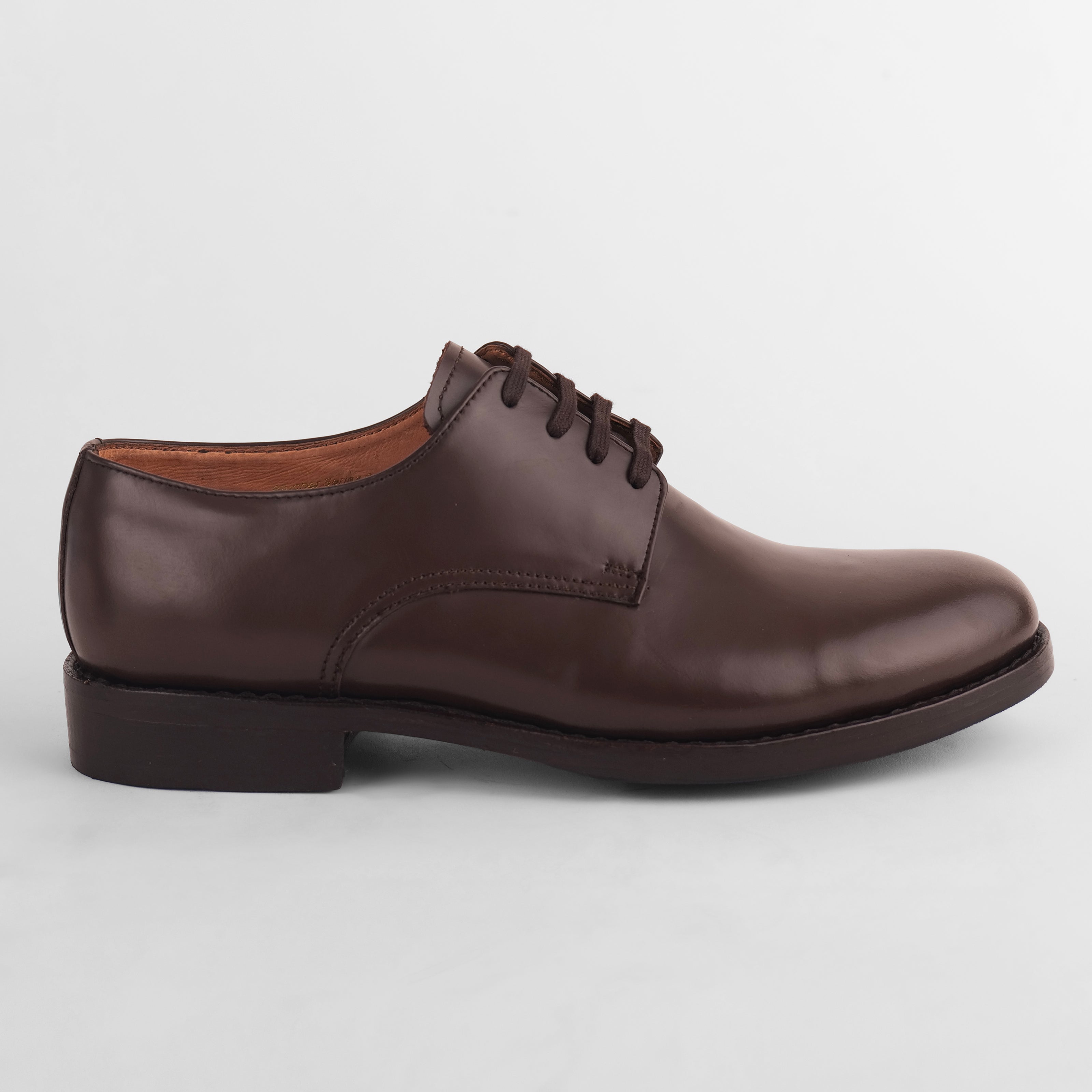 Side view of brown Blucher Goodyear welted leather shoe