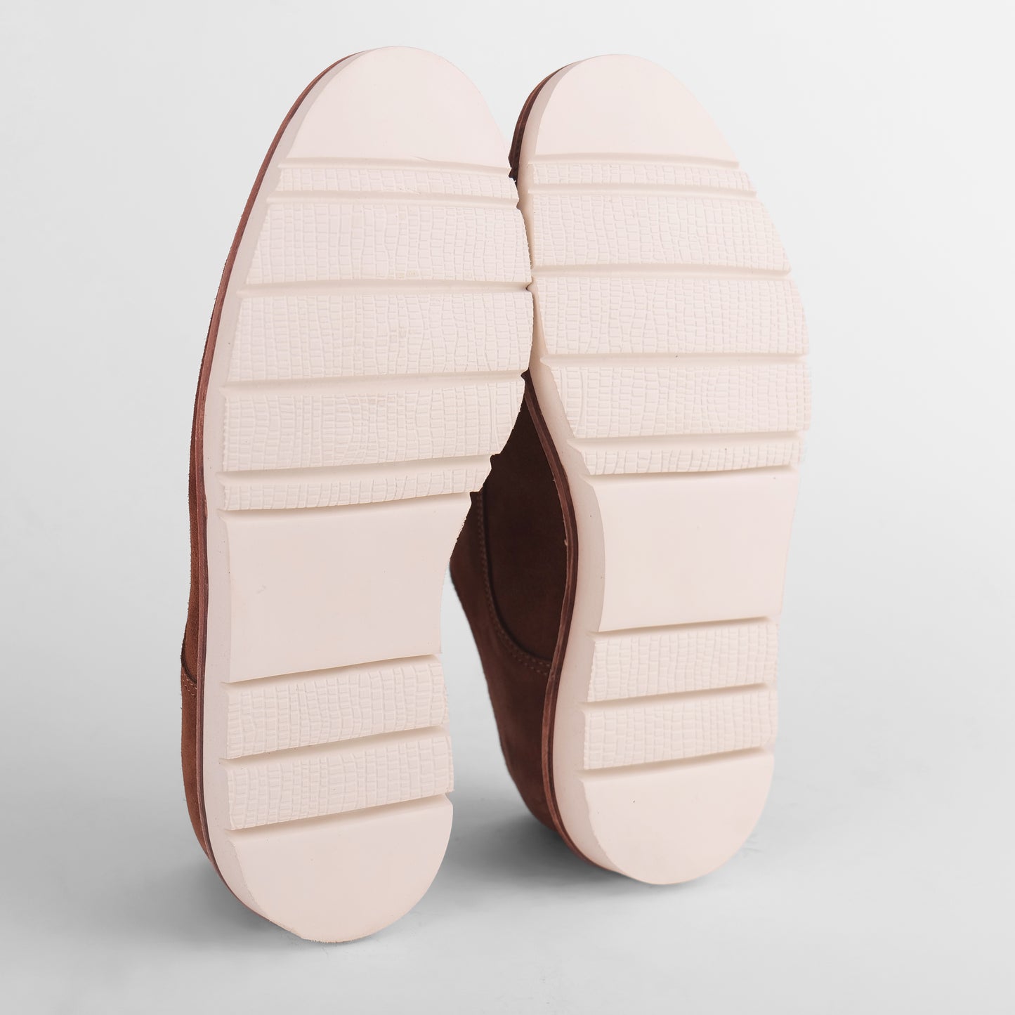 Sole view of brown Blucher Suede shoe with flat sole